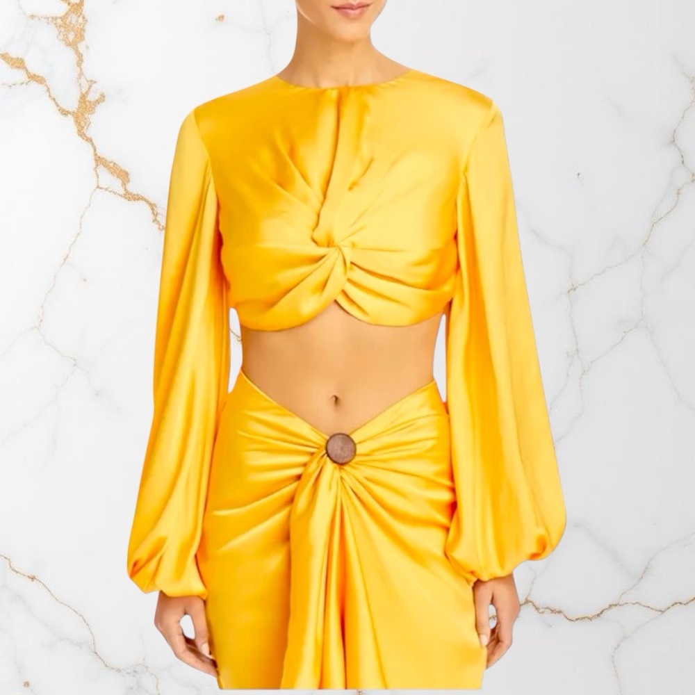 Andrea Iyamah Behati Twist Front Satin Crop Top Sunset Gold NWT L